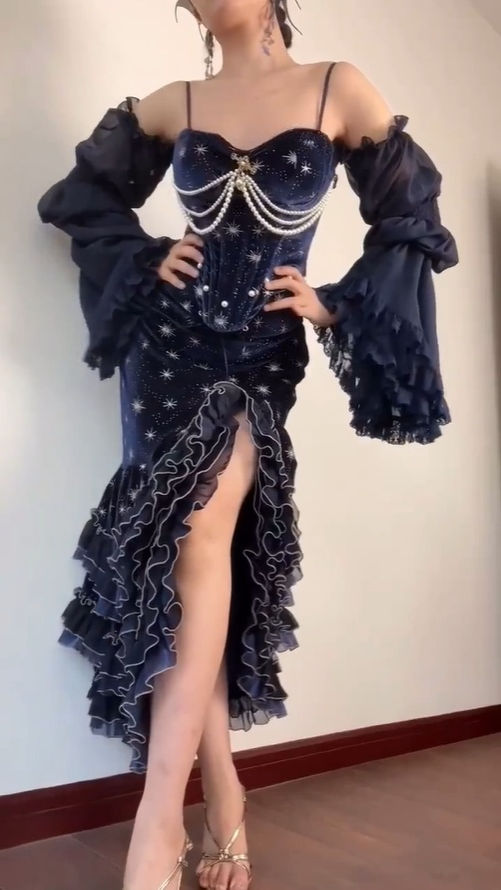 Prom Dress Dark Navy Spaghetti Straps Mermaid Layers Ruffles Sexy Evening Dress Birthday Outfits, D827