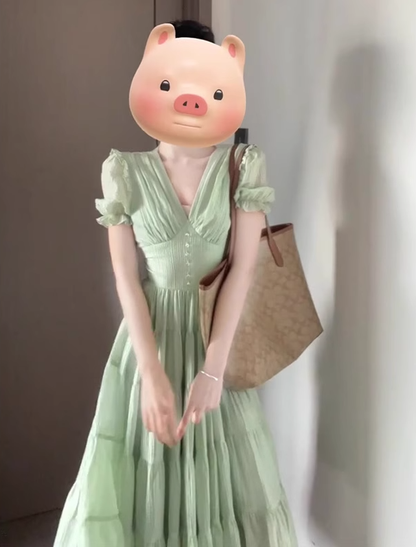 Summer holiday atmosphere small skirt beautiful gentle temperament green v-neck puff sleeve dress R0479