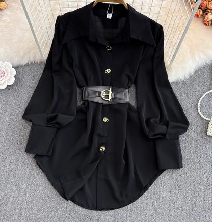 2025 Retro Temperament Waist Slimming Pleated Long Sleeve Shirt Skirt Mid-length Loose Top R0395