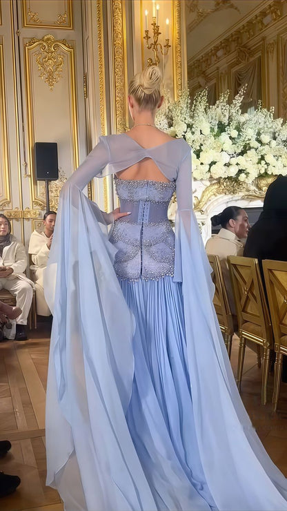 Pretty A Line Off The Shoulder Maxi Long Party Light Blue Chiffon Prom Dresses Evening Dress SD2395