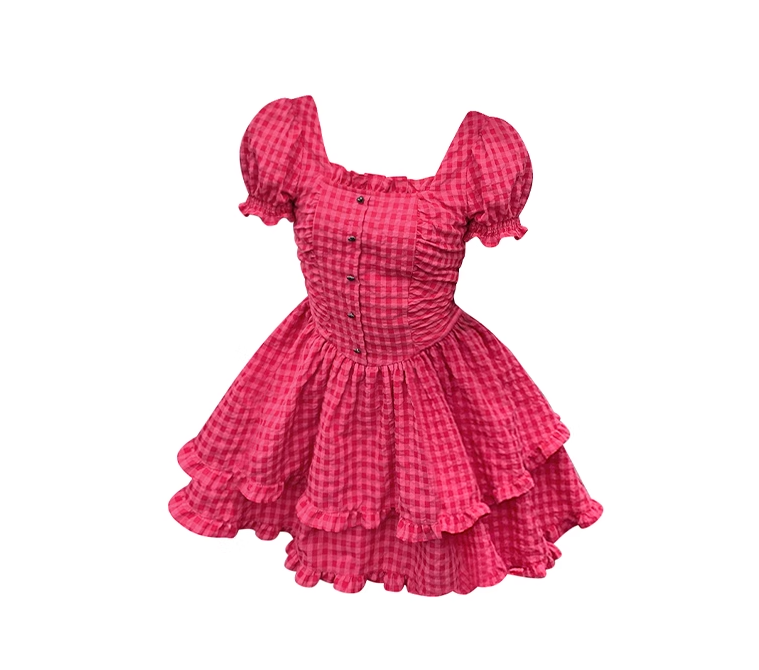 Rose red square neck bubble short sleeve plaid dress new French waist sweet princess tutu skirt R0064