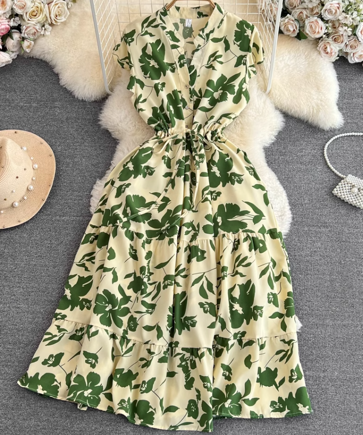 High-end, light luxury temperament flying sleeves V-neck waist slimming A-line ruffled printed dress R0353