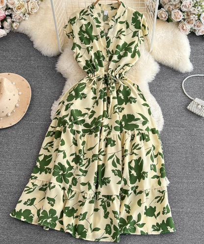 High-end, light luxury temperament flying sleeves V-neck waist slimming A-line ruffled printed dress R0353