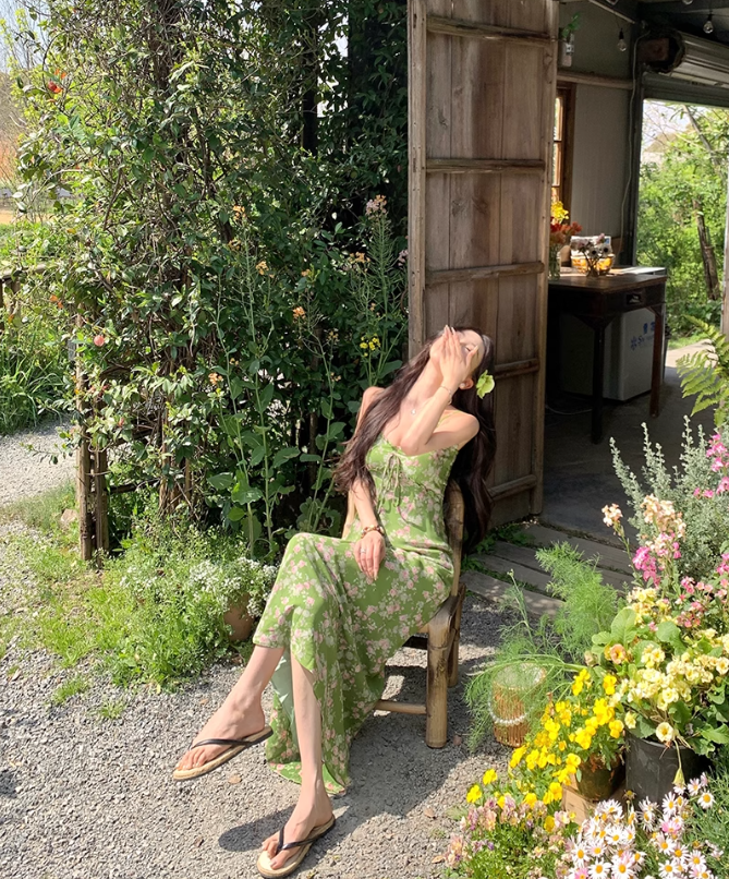 Green floral suspender dress beautiful waist A-line long skirt R0601