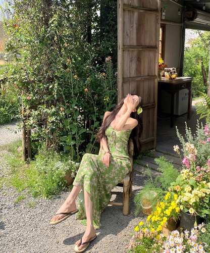Green floral suspender dress beautiful waist A-line long skirt R0601