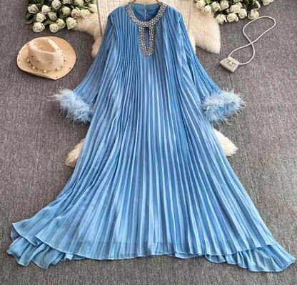 New French retro diamond round neck loose long trumpet sleeve pleated dress R0311
