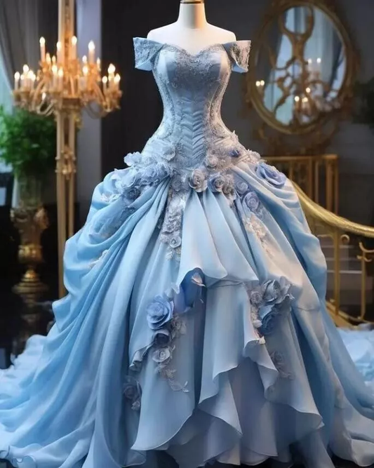 Luxury Off The Shoulder 3D Flowers Sweet 16 Ball Gown Princess Pleated Quinceanera Dress  cc1584