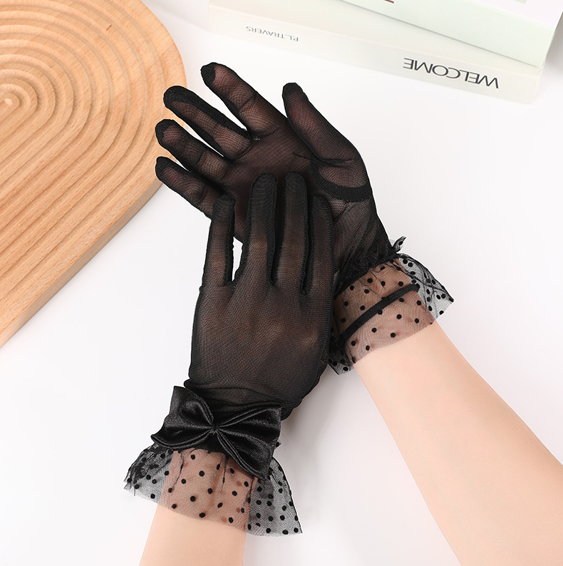 Mesh gloves, black lace polka dot lace bow short tube French Hepburn style dress     S6255