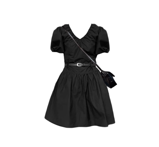 French little black dress Hepburn style V-neck dress hot girl temperament waist slimming A-line skirt R0127