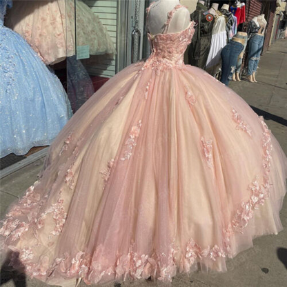 A-line Straps Ball Gown With Appliques Sweet 16 Dress Princess Quinceanera Dresses Lace Appliques Sweet 15 Party Prom Ball Gowns c2557