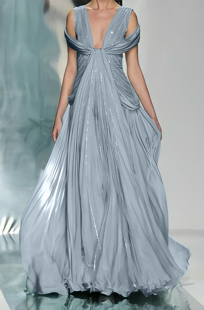 Sexy Deep V Gray Blue Chiffon Sequin Pleated Mermaid Long Party Dress Formal Wedding Guest Dress D1918