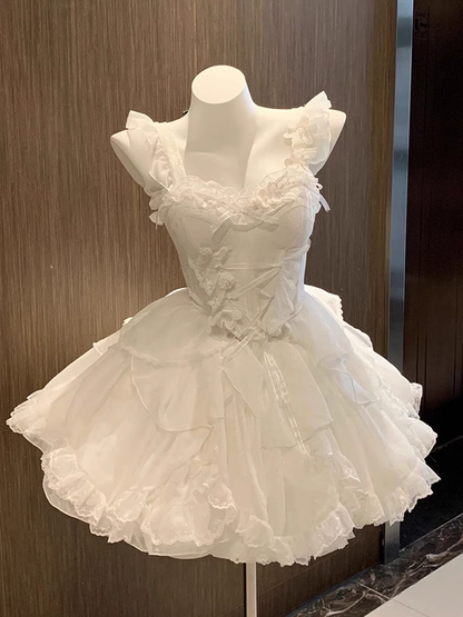 Cute Ball Gown Straps White Chiffon Short Cocktail Dresses Birthday Outfits