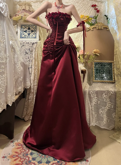 Pretty Strapless Burgundy Satin Pleated Mermaid Party Dress Long Wedding Guest Dress With 3D Flowers D2055