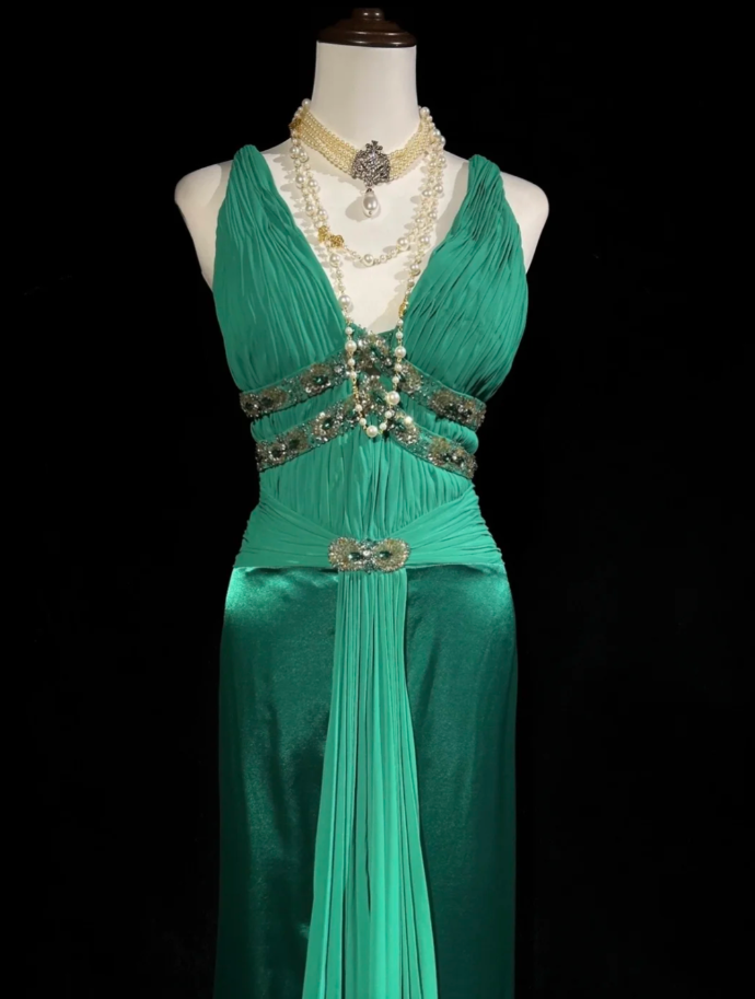 Elegant V Neck Green Satin Beaded Mermaid Long Wedding Guest Dress Formal Birthday Party Dress D1992