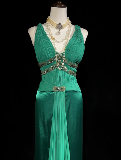 Elegant V Neck Green Satin Beaded Mermaid Long Wedding Guest Dress Formal Birthday Party Dress D1992