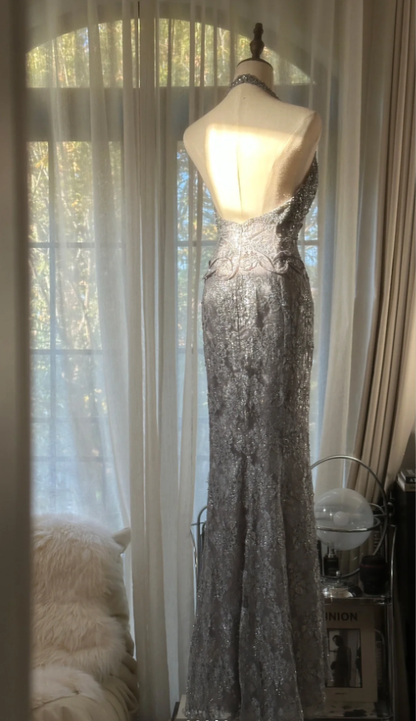 Gorgeous Silver Gray Halter Lace Mermaid Long Party Dress Prom Dresses D2294