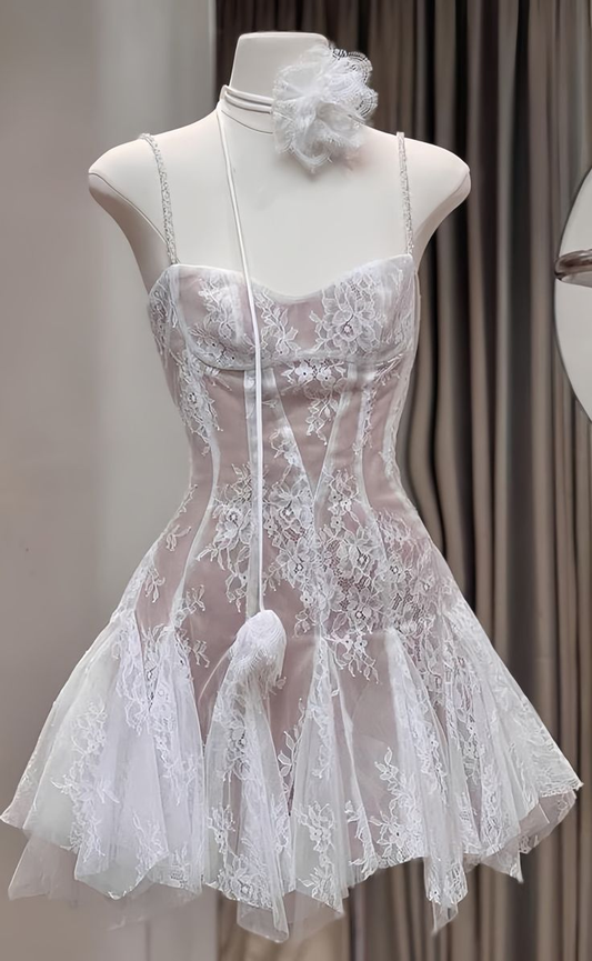 Elegant Spaghetti Straps Tulle Lace A Line Short Prom Dress Formal Homecoming Dress D389