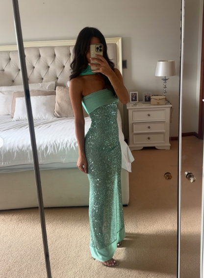 Sparkly Strapless Green Sequin Mermaid Prom Dress Long Party Gown With Ribbon