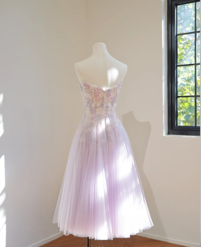 Sweet Strapless Lilac Tulle Appliques A Line Short Homecoming Dress Birthday Outfits D2153
