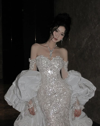 Gorgeous Off The Shoulder Tulle Lace Mermaid Long Wedding Dress Formal Bridal Dress With Cape D1977