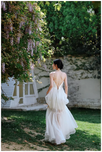 Pretty Spaghetti Straps White Tulle Lace Mermaid Long Prom Dress Evening Gown