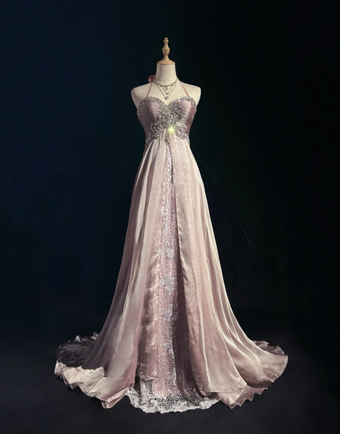 Glamorous Pink Halter Satin Lace Beaded Mermaid Evening Dress Long Birthday Prom Dress Party Gown