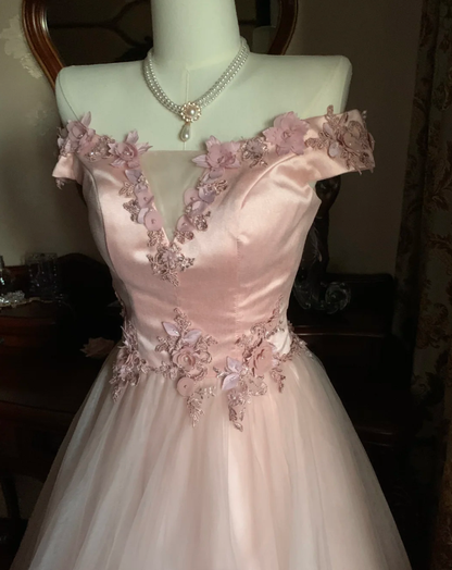 Sweet Pink Off The Shoulder Satin Tulle Appliques Long Birthday Party Dress Prom Gown