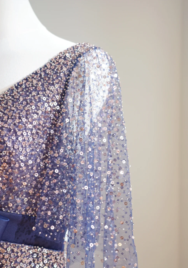 Glitter Navy Blue V Neck Tulle Sequin Beaded A Line Birthday Party Dress Long Evening Dress D2166