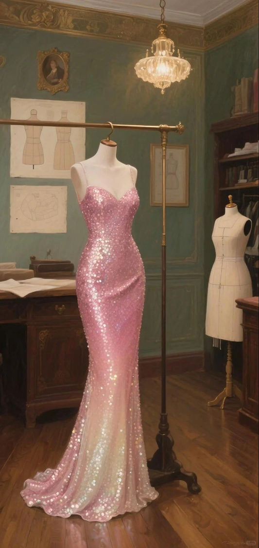 Sparkly Spaghetti Straps Pink Sequin Mermaid Long Party Dress Evening Gown