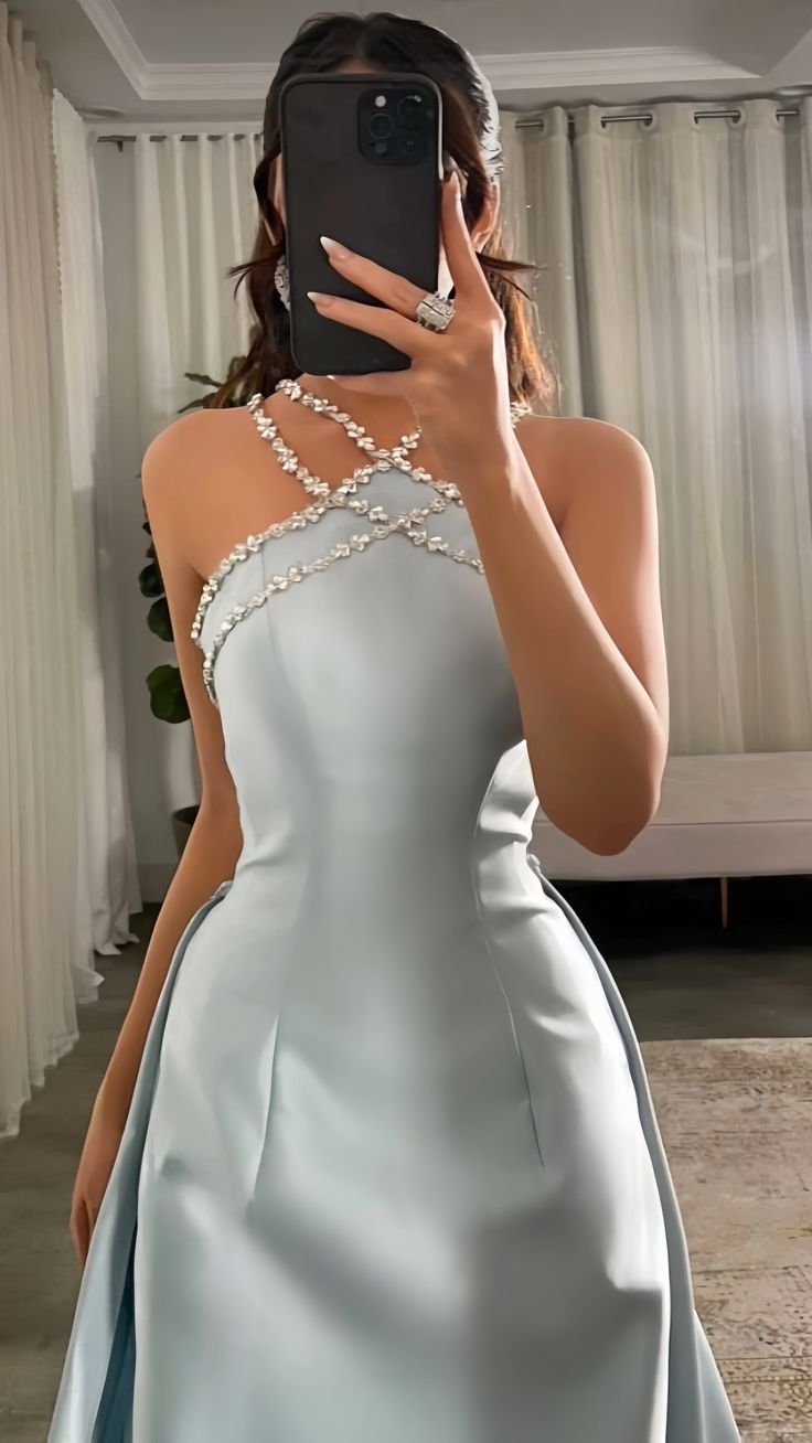 Gorgeous Blue Sleeveless Satin Beaded Mermaid Long Prom Dress Evening Gown