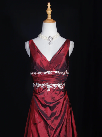 Vintage Burgundy V Neck Satin Embroidery Floral Mermaid Long Wedding Guest Dress Formal Birthday Evening Gown
