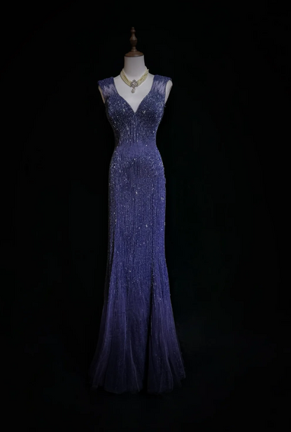 Gorgeous V Neck Dark Purple Tulle Beaded Mermaid Long Evening Dress Backless Prom Gown SP1963