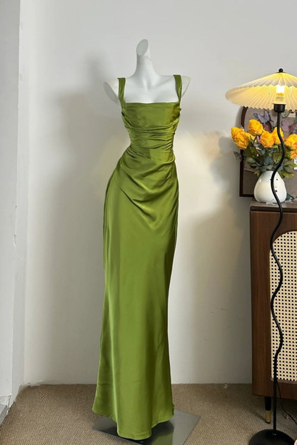 Classy Green Satin Mermaid Long Wedding Guest Dress Formal Birthday Prom Dress Party Dress D1844