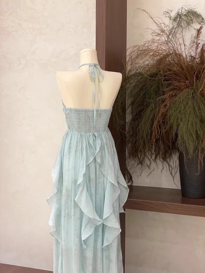 Classy Blue Halter A Line Ruffled Floral Long Party Dress Women's  Vacation Dress Y9320