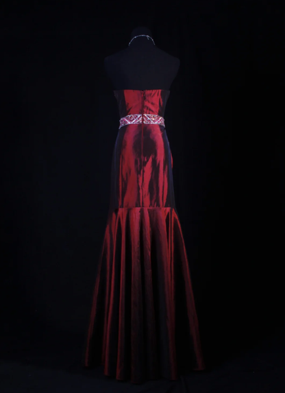 Elegant Strapless Satin Beaded Party Dress Burgundy Mermaid Long Prom Gown