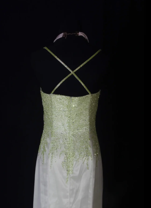 Classy Spaghetti Straps Satin Chiffon Beaded Mermaid Evening Dress Ombre Green Birthday Prom Dress D2261