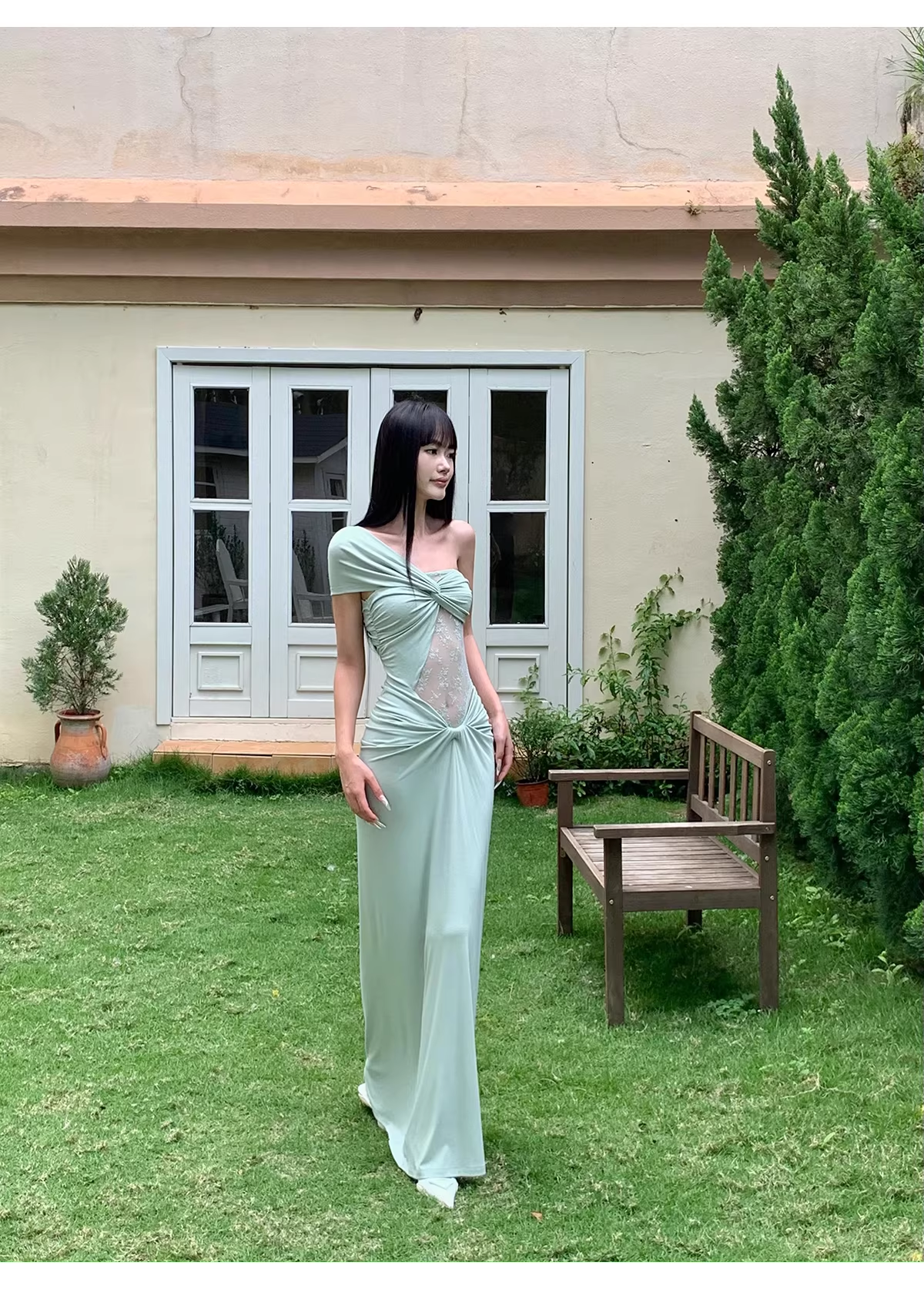 Elegant Pea Green Shoulder Satin Lace Mermaid Long Wedding Guest Dress Formal Evening Dress Prom Dress D2080