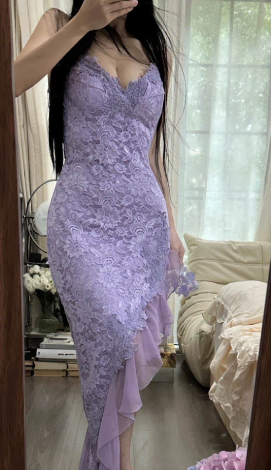 Pretty Spaghetti Straps Lavender V Neck Lace Chiffon Ruffles Long Party Dress Birthday Dress D2305
