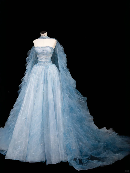 Dream Blue Tulle Beaded A Line Prom Dress,Long Evening Dress Y8691