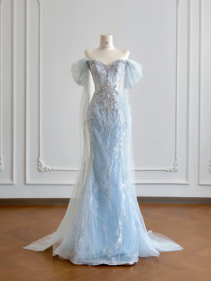 Light blue off-the-shoulder fitted waist bodycon sexy long ball gown R8195