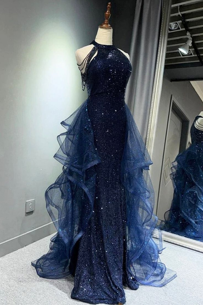 Dark Navy Halter Mermaid Sequins Long Formal Party Dresses Evening Gown, D851