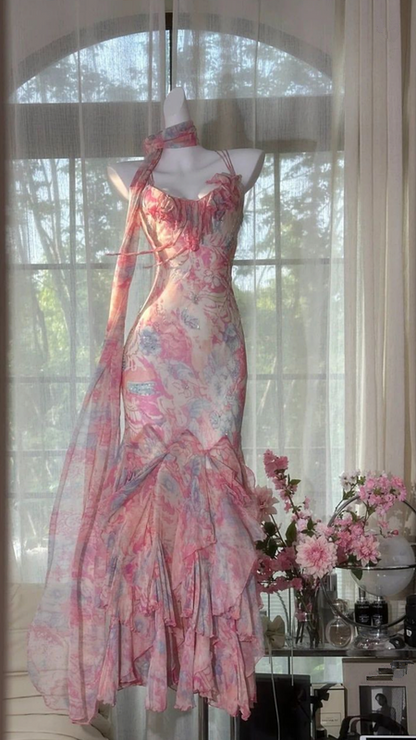 Pink floral print halter-neck fitted bodycon long ball gown R6530