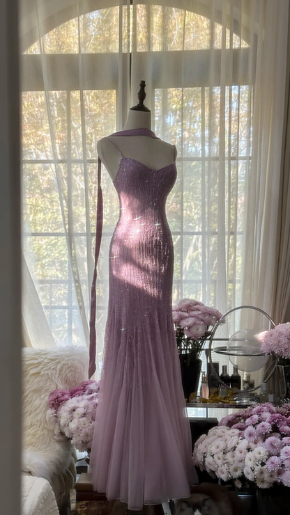 Light purple halter-neck fitted bodycon long ball gown R7725