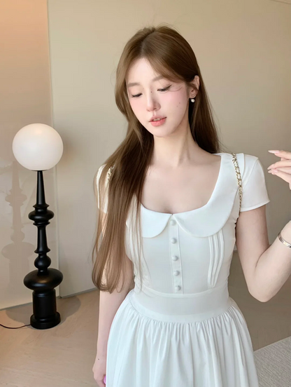 White baby doll collar slim waist A-line cute short skirt R5033
