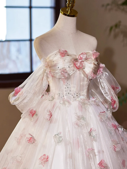 A-Line Tulle Floral Prom Dress, Off the Shoulder Formal Party Dress MD7199
