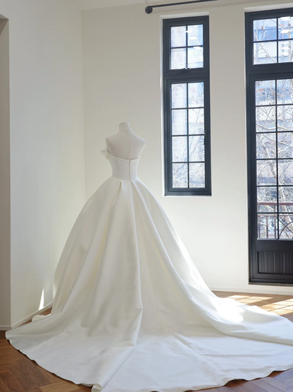 White satin strapless cinched waist ball gown with a full skirt, long ball gown/bridal dress R8481