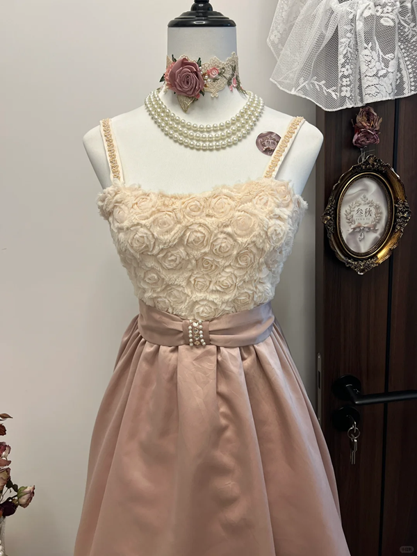 Pink suspender 3D flower waist slim satin skirt homecoming dress R4315