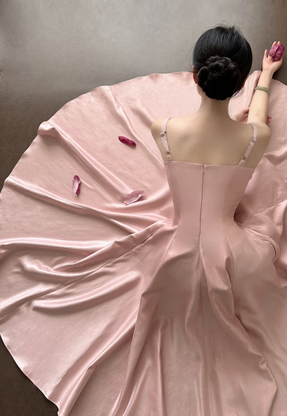 Champagne pink spaghetti strap, waist‑cinching, slim‑fit, elegant long ball gown R7995