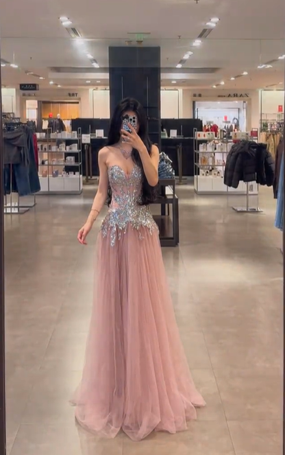 Light pink strapless waist-cinching slim-fit slit long prom dress R7916