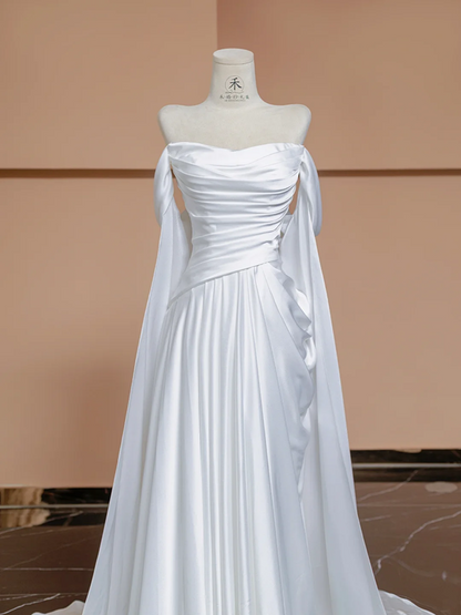 White satin off-the-shoulder fitted long elegant ball gown/bridal dress R8338